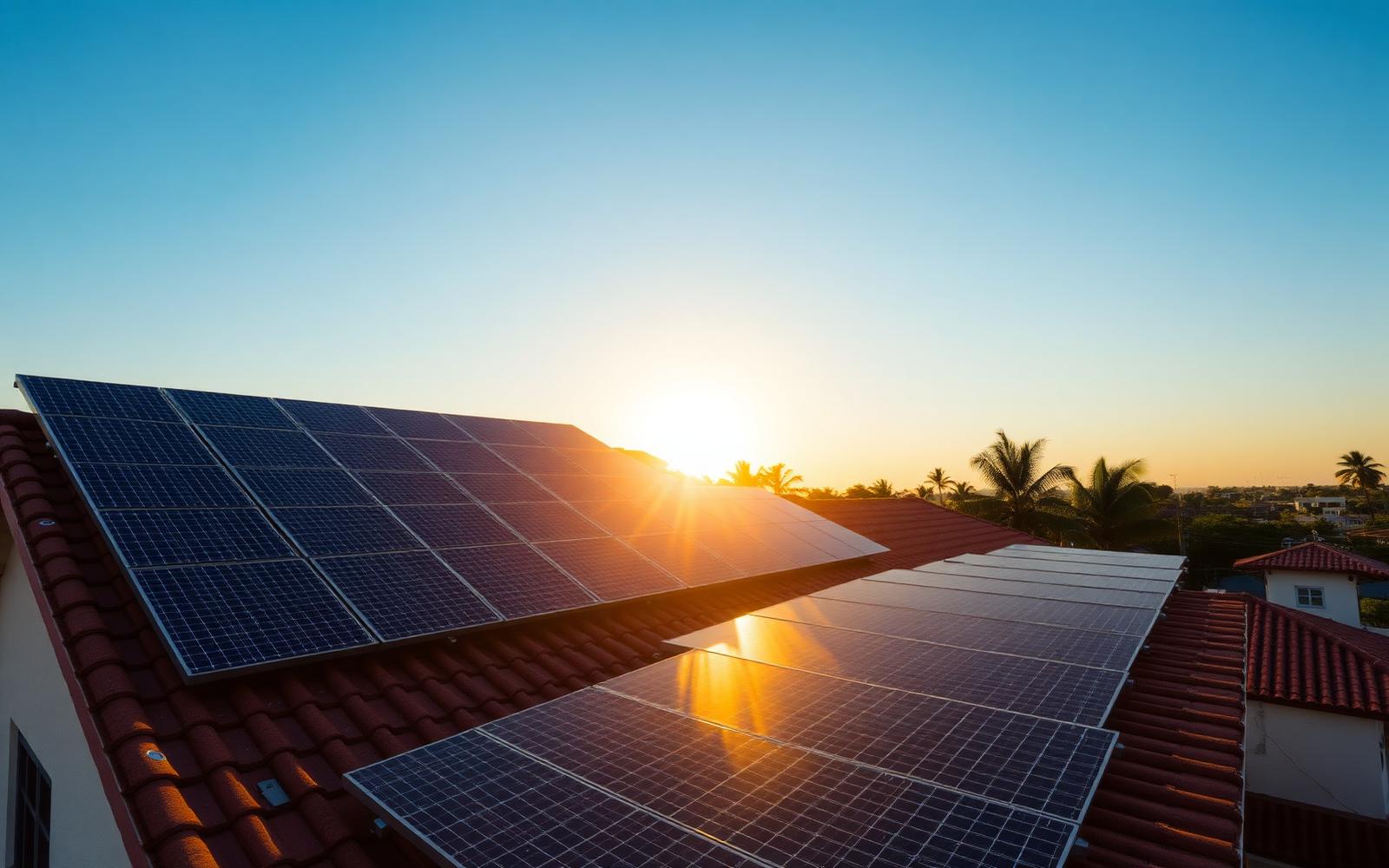 Painéis solares instalados no telhado de uma residência brasileira ao entardecer